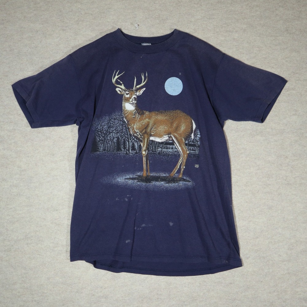 Vintage 90s Jerzees Buck Deer Moon T Shirt Mens Large Navy Blue Cotton USA 1990